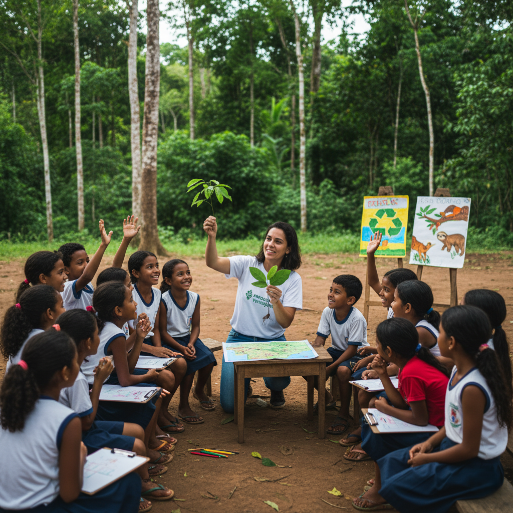 Crianças em atividade de educação ambiental